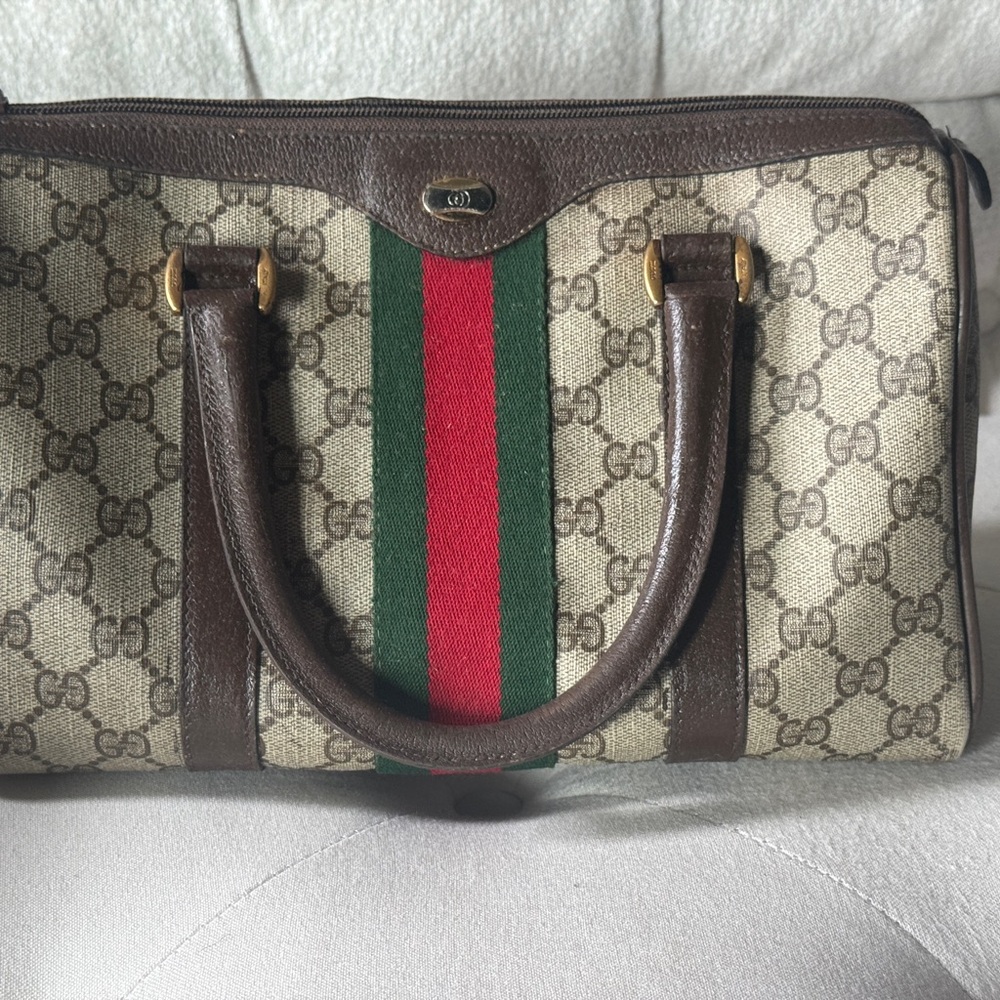 Authentic Gucci Monogram Canvas Bag with Brown Leather Trim